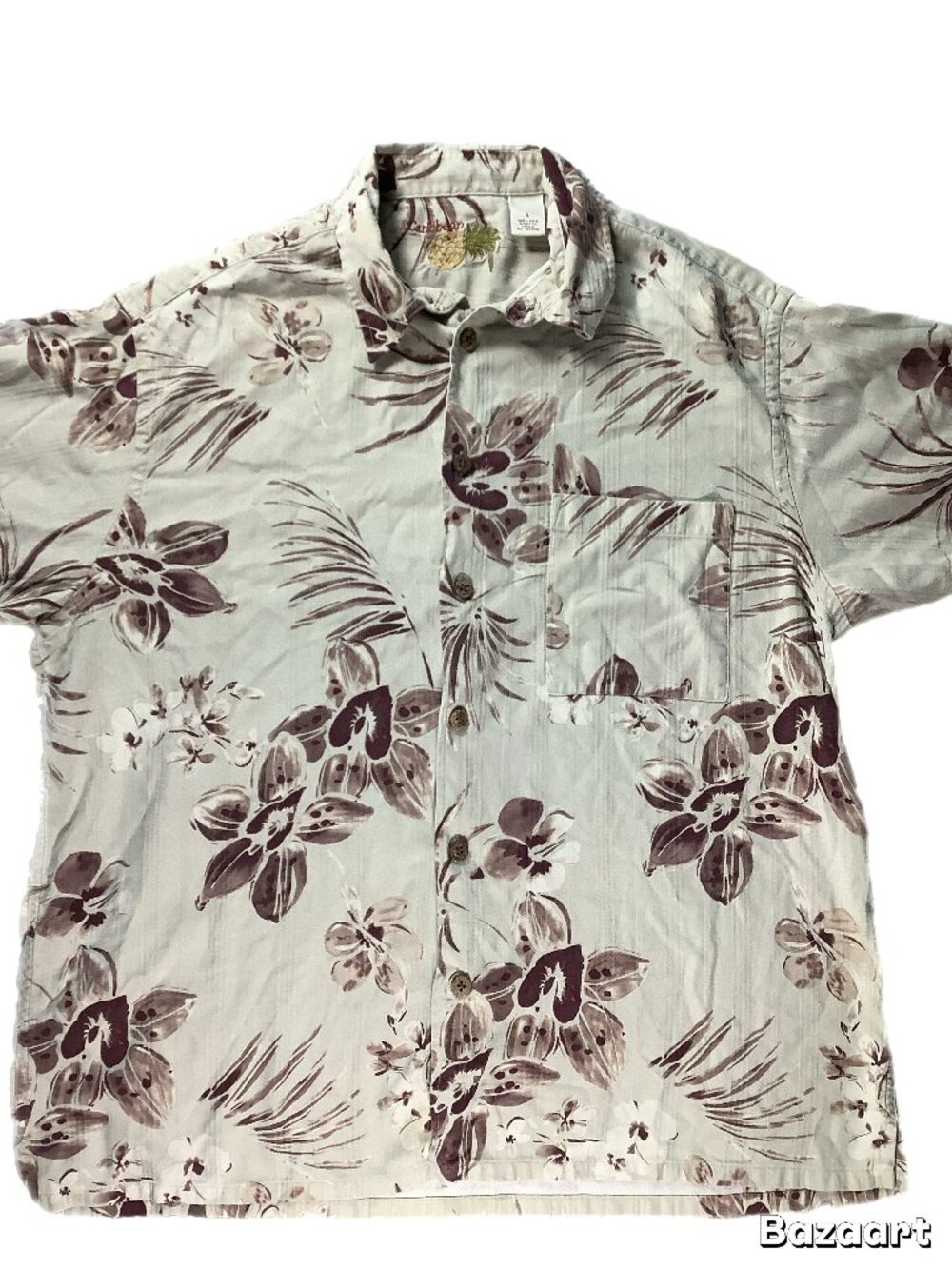 Caribbean Men's 100% Silk Button Up Shirt Tan Maroon Short Sleeve Size L (256)